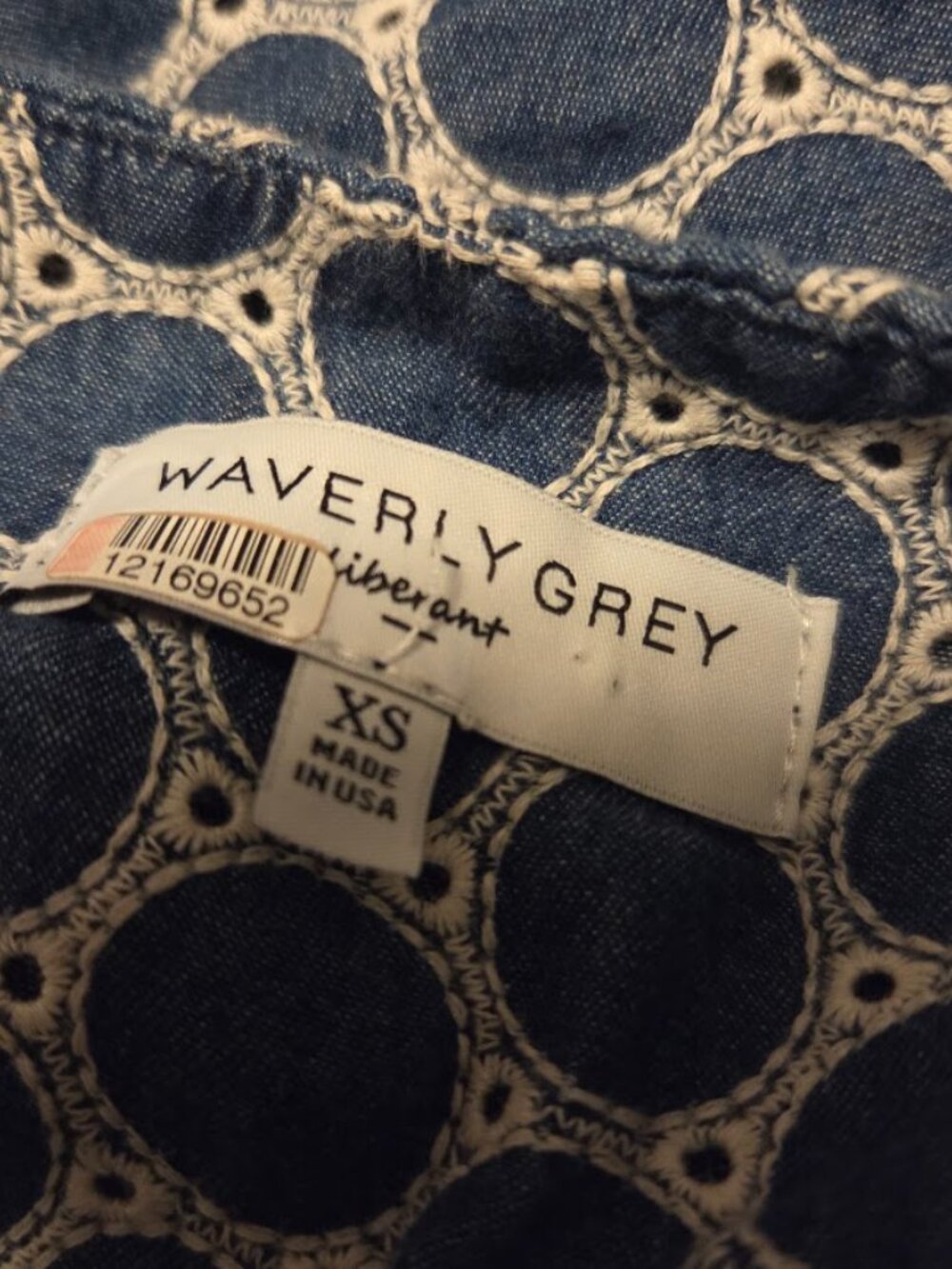 Waverly Grey Blue Cotton Eyelet Asymmetrical Button Midi Dress - Size XS - Picture 6 of 8